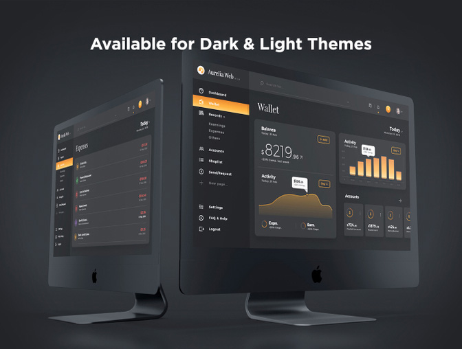 Aurelia 深色主题 dashboard 模板 .sketch .xd .psd素材下载