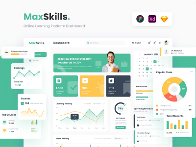 MaxSkills 在线教育学习平台后台dashboard .fig .xd .sketch素材下载